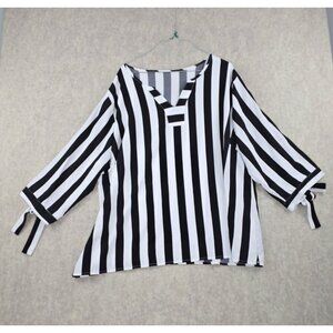 Black & White Striped Womens Blouse 3/4 Sleeve V-Neck Tie Cuffs 5XL Polyester